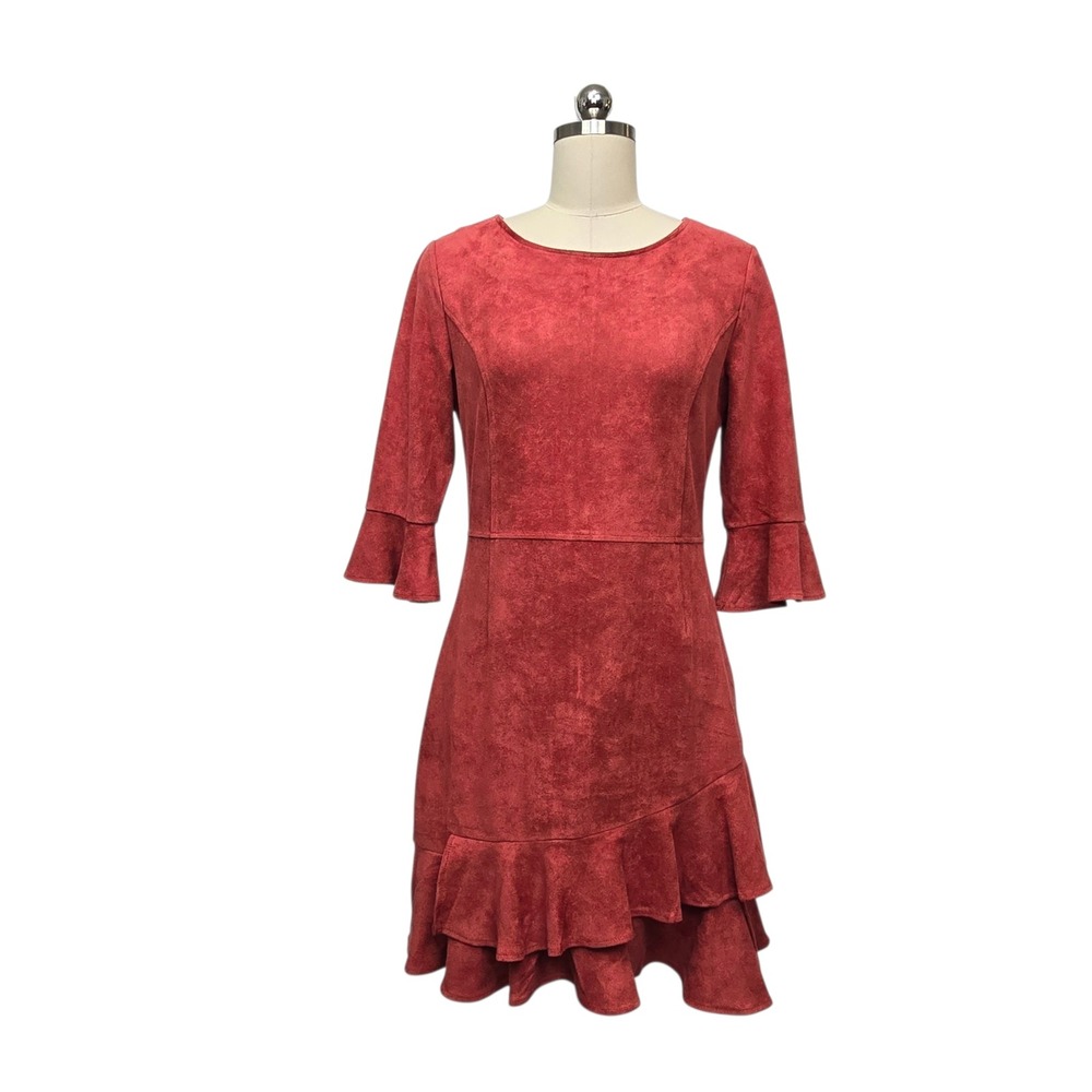 Aryeh Womens Rust Red Faux Suede Tiered Ruffle Bell Sleeve Dress Size Medium